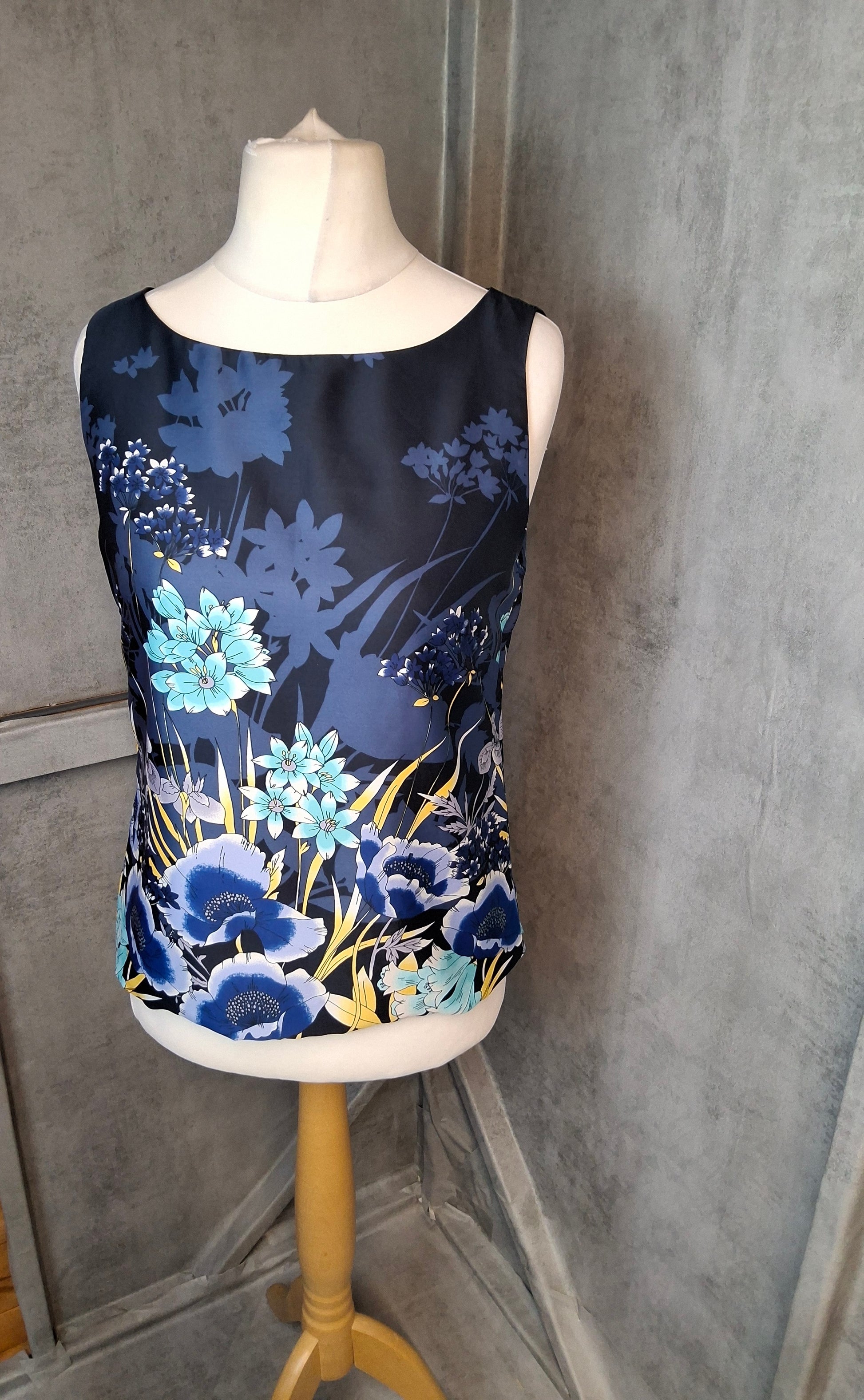 Untold Navy Floral Sleeveless Top | Size 10 | Silky Satin Feel | Smart Casual | Bold Print Blouse