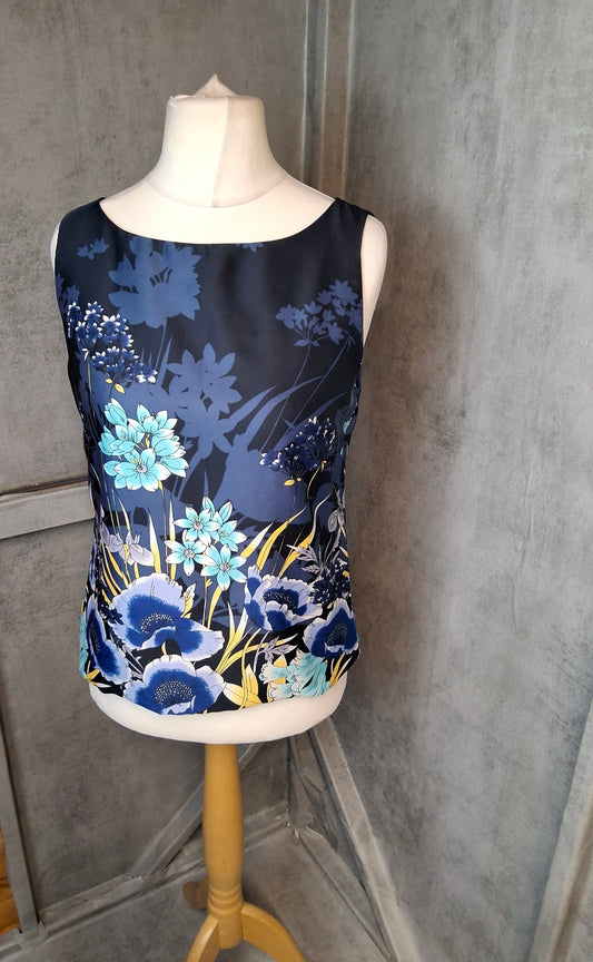 Untold Navy Floral Sleeveless Top | Size 10 | Silky Satin Feel | Smart Casual | Bold Print Blouse