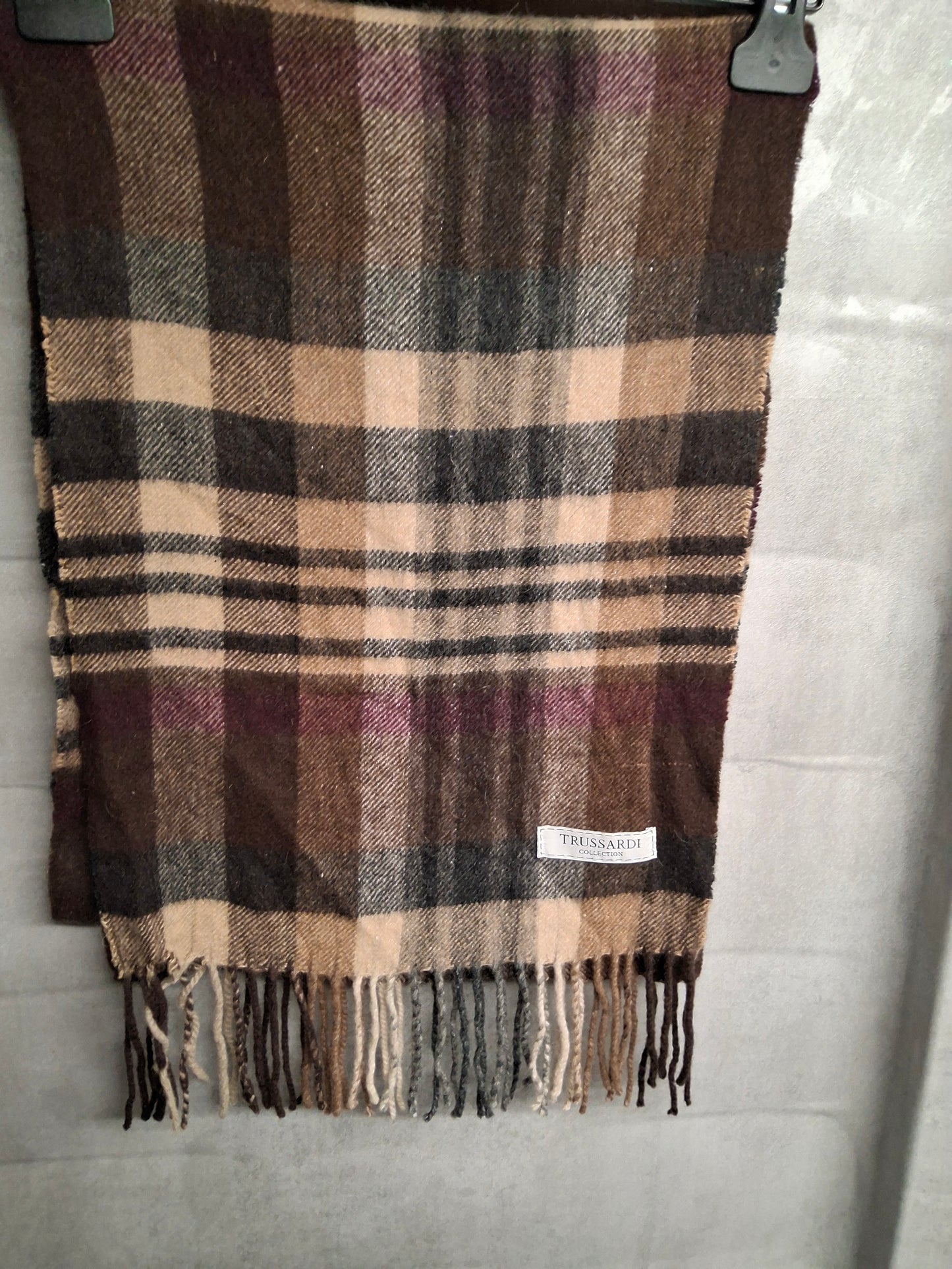 Trussardi Collection Checked Wool Scarf – Beige, Black & Burgundy – Unisex
