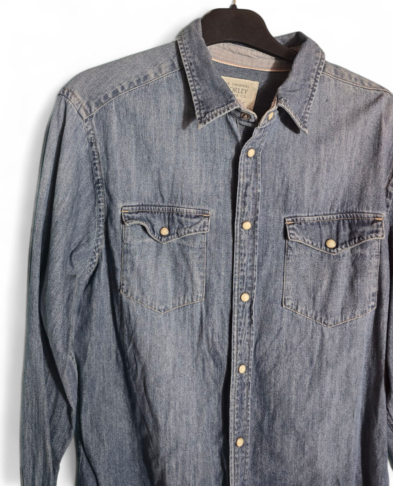 Men’s Morley Matalan Blue Denim Shirt | Size M | Long Sleeves | Chest Pockets | Marble Popper Buttons