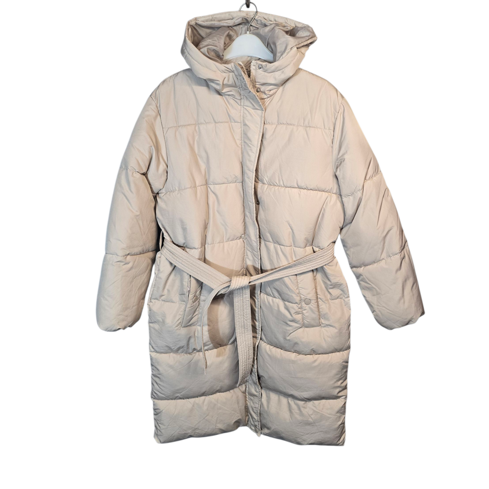 New Look Petite Cream Puffer Midi Coat – Belted, Hooded – Size 8
