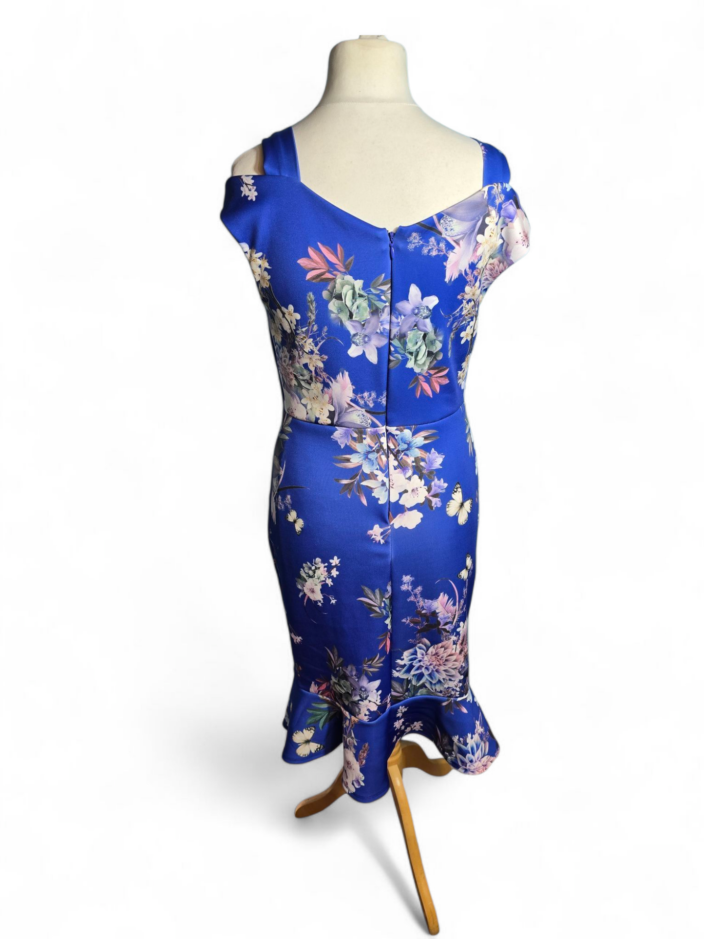 Kaleidoscope Blue Floral Cold Shoulder Dress – Size 12, Midi, Stretchy, Flared, Zip Back