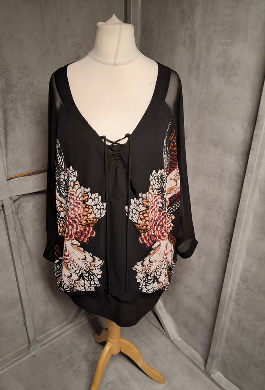 Star by Julien Macdonald Black Floral Lace-Up Blouse – Size 24 – Sheer & Floaty
