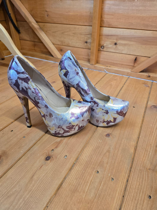 Sergio Todzi Silver, Purple & Yellow Floral Platform High Heels UK 4 – Metallic 13cm Heel