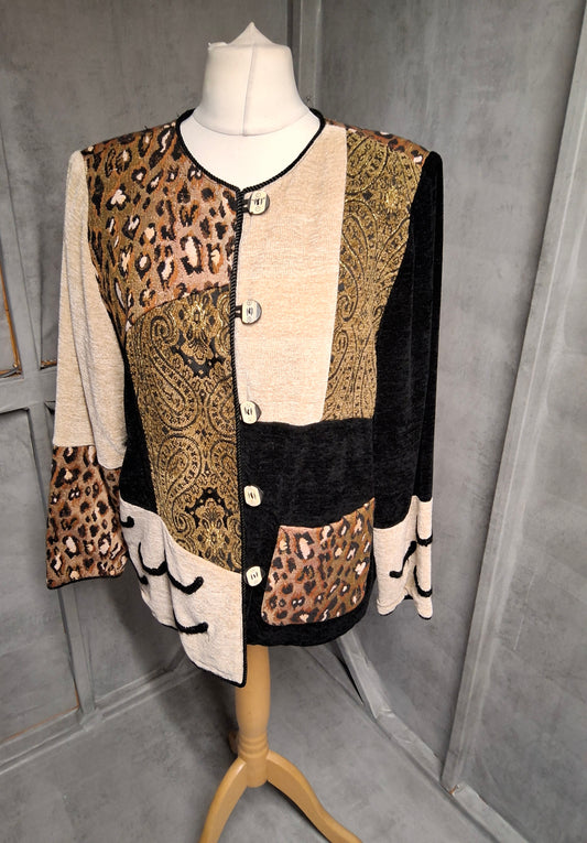 Indigo Moon Vintage Patchwork Cardigan – Animal Print, Shoulder Pads, Size M