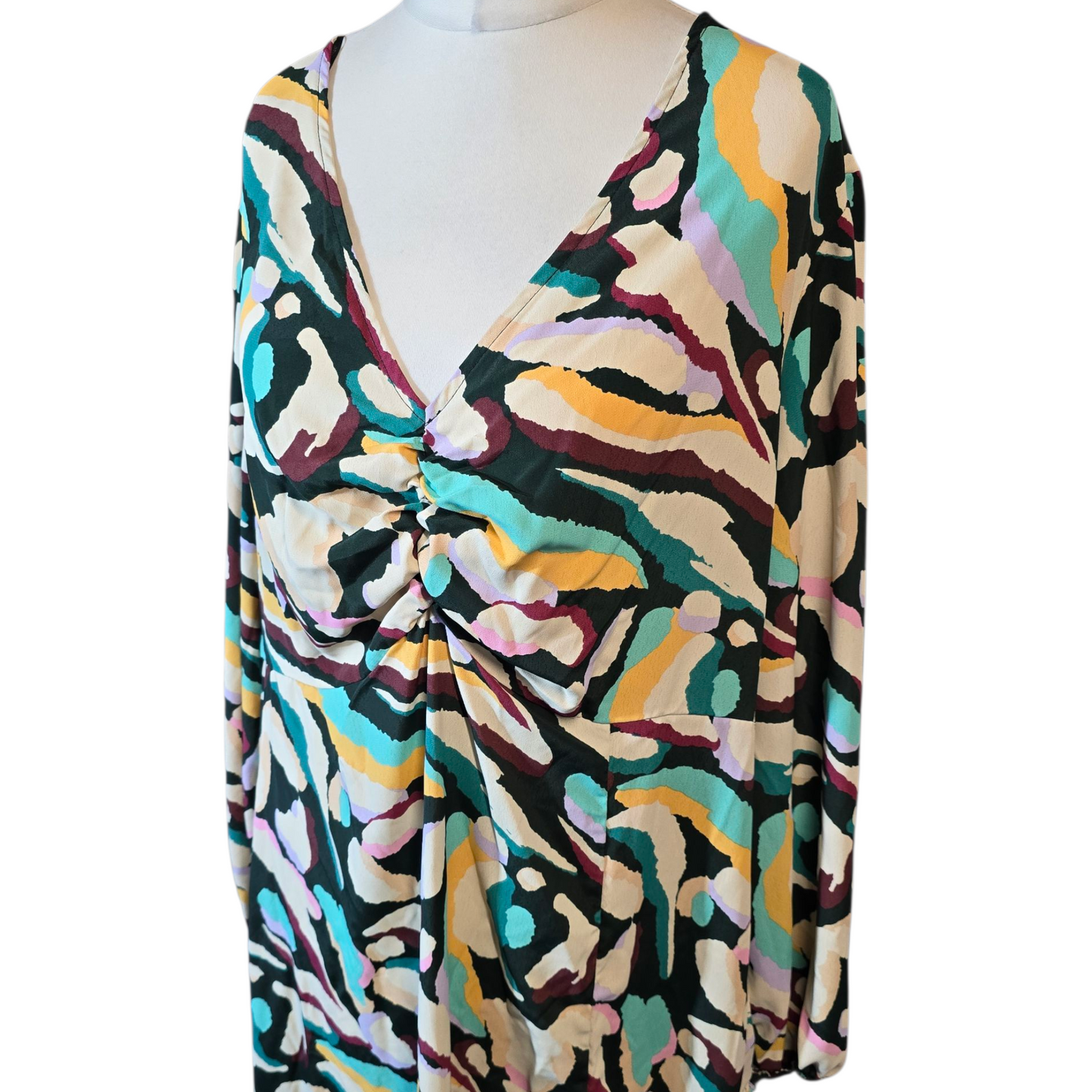 Tu Multicolour Abstract Midi/Maxi Dress – Size 22 – Long Sleeve Ruched Detail