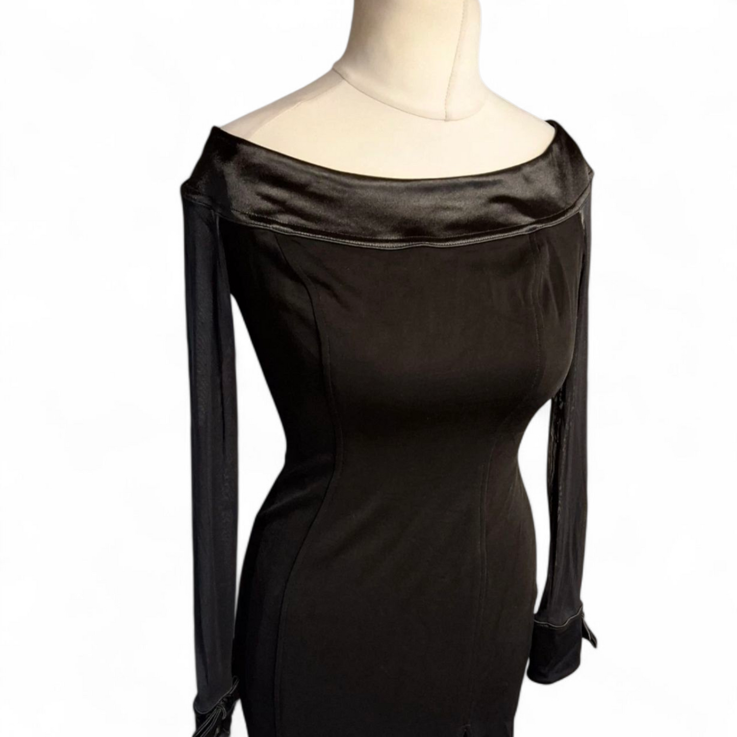 Tadaski Vintage 80s Black Off-Shoulder Maxi Dress – Sheer Sleeves