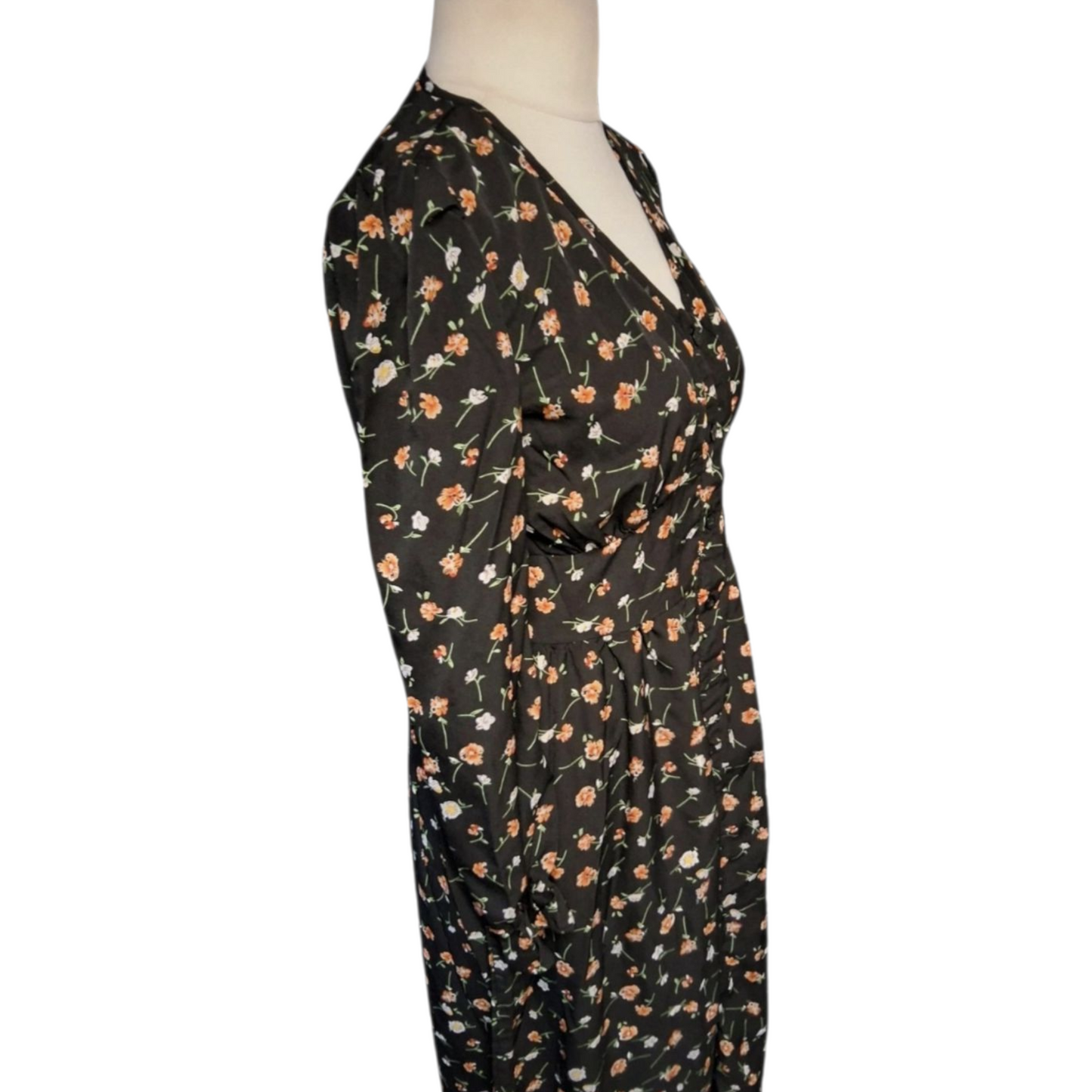 Shein Black Floral Midi Dress – Size M (UK size 10) – Button Front, Long Sleeves, Elastic Cuffs