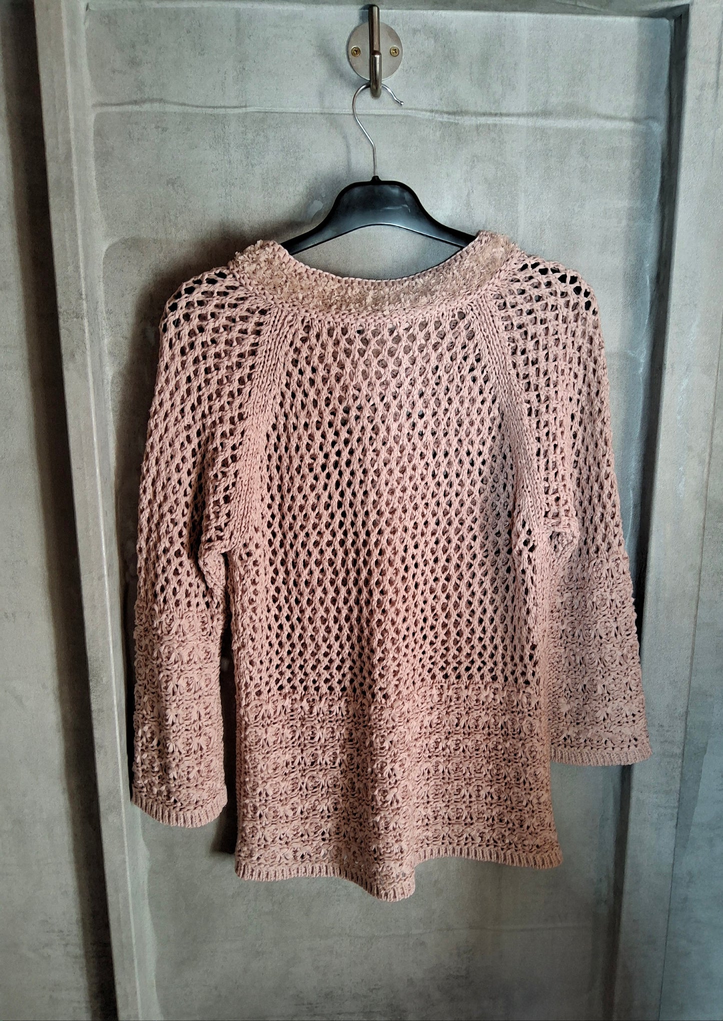 Apanage Pale Pink Crochet Knit Jumper – Size M (10/12) – Lightweight Layering with 3/4 Sleeves