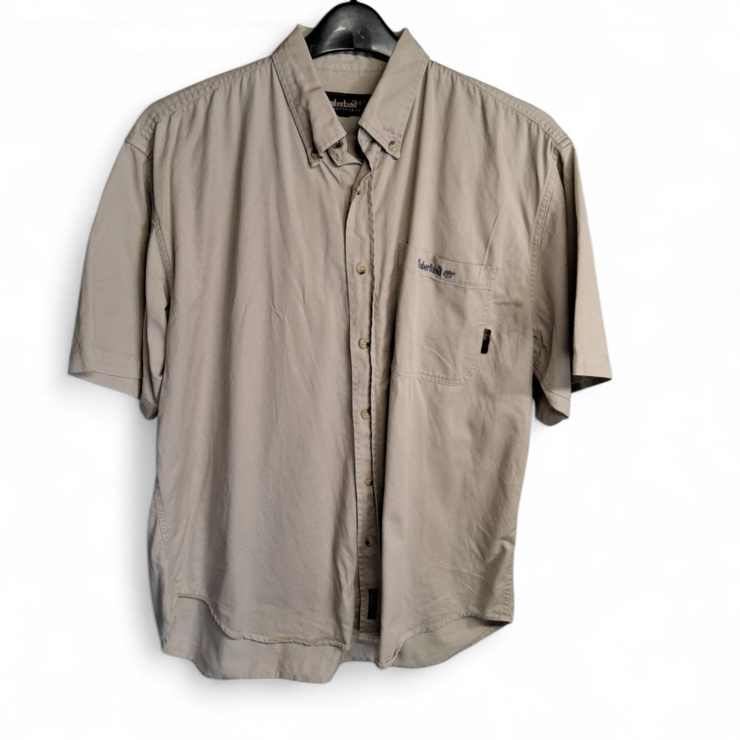 Men's Vintage 90s Timberland beige 100% cotton short sleeved shirt Large