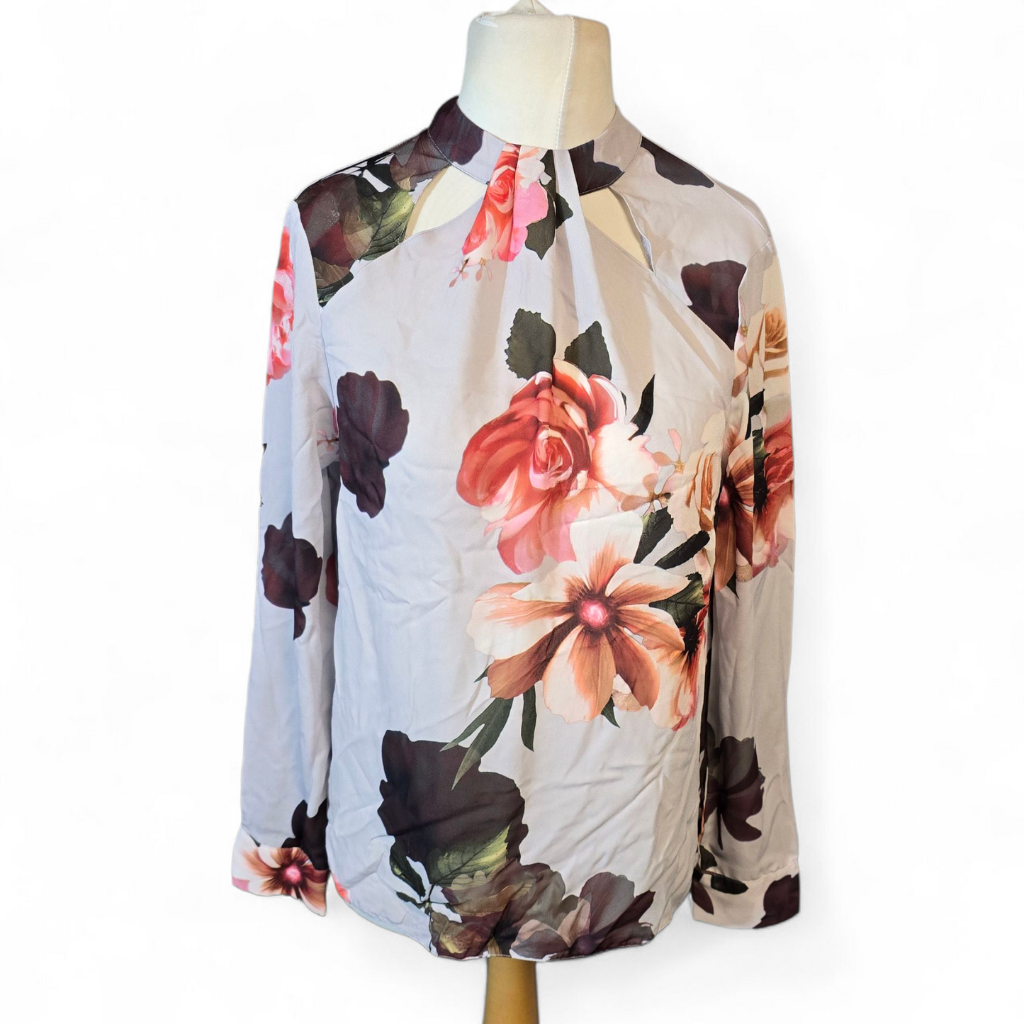 Dorothy Perkins Grey & Multicoloured Floral High Neck Sheer Blouse – Size 10