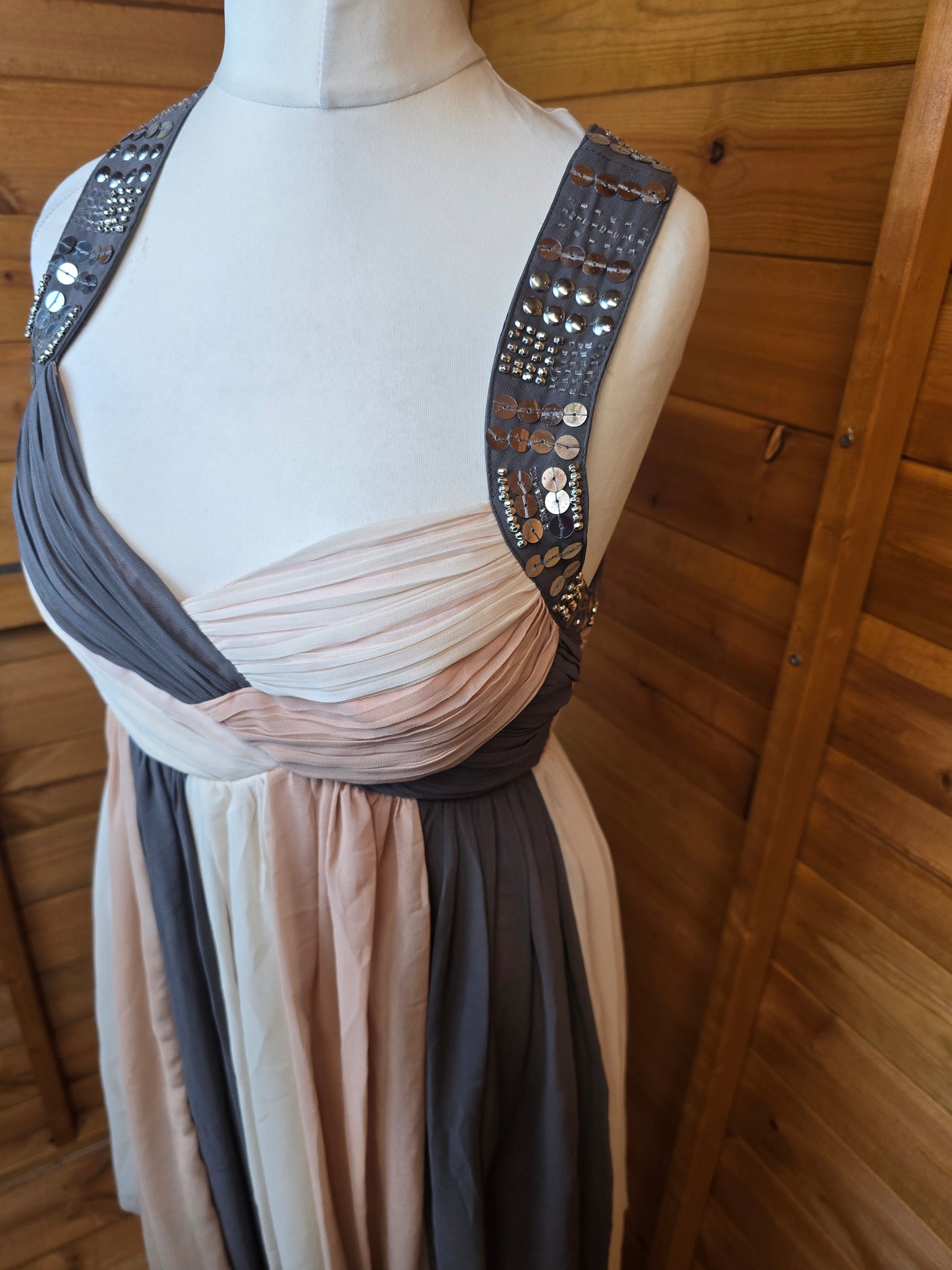 Lipsy Beige Grey Cream Flared Mini Dress Size 12 – Gem & Sequin Detail, Sleeveless, Zip Back