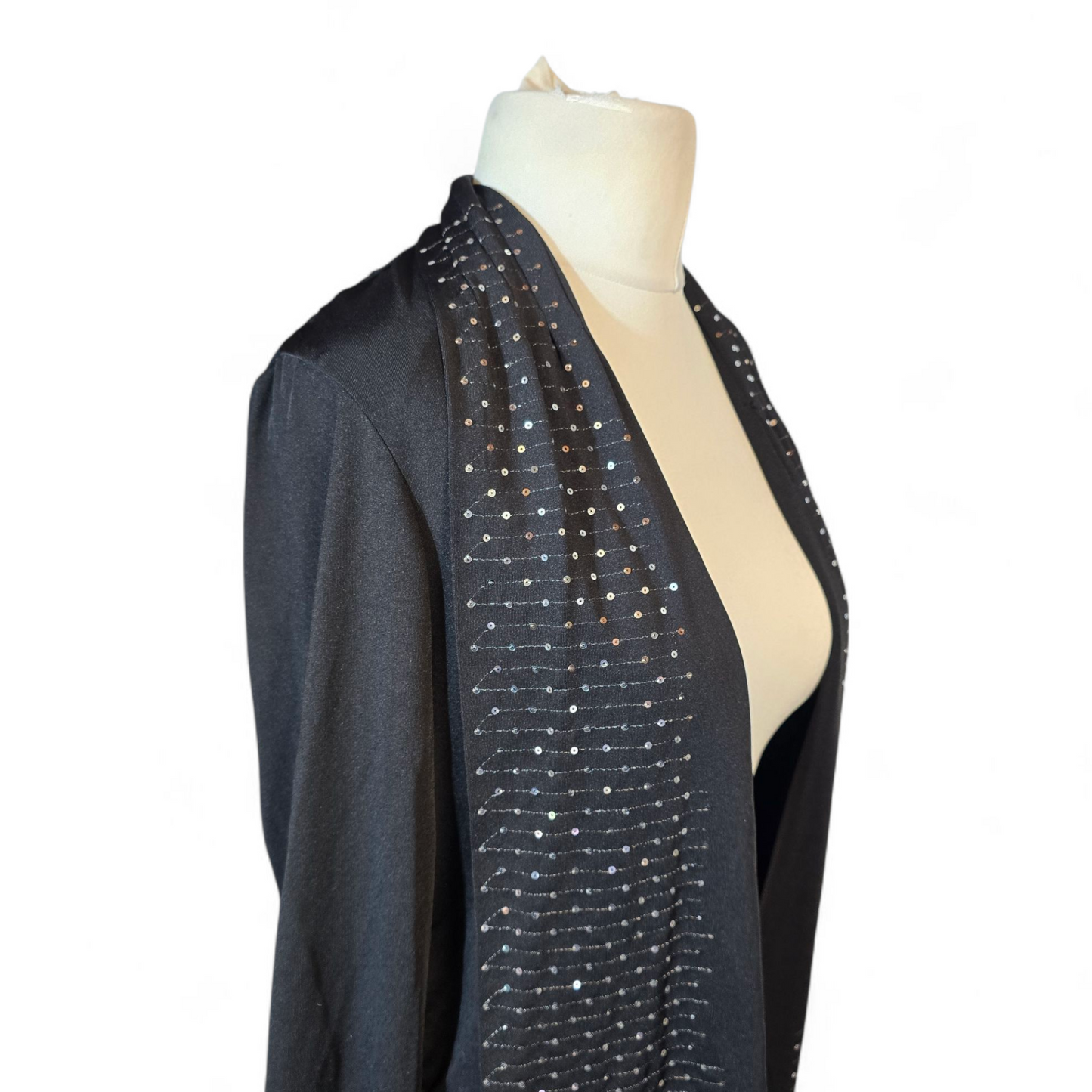 Crèaline Black & Silver Sequin Cardigan – Size 14/16 – Stretchy Open Front