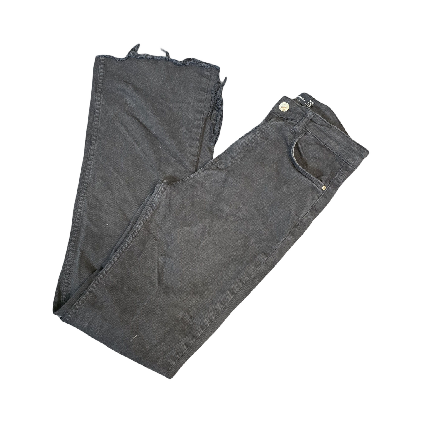 Stradivarius Black High-Waisted Flared Jeans – Distressed Hems – Size UK 10