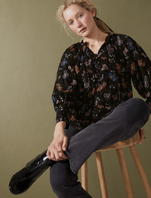 Per Una Black Floral Blouse – Size 14 – Autumn Colours, Glitter & Frill Collar