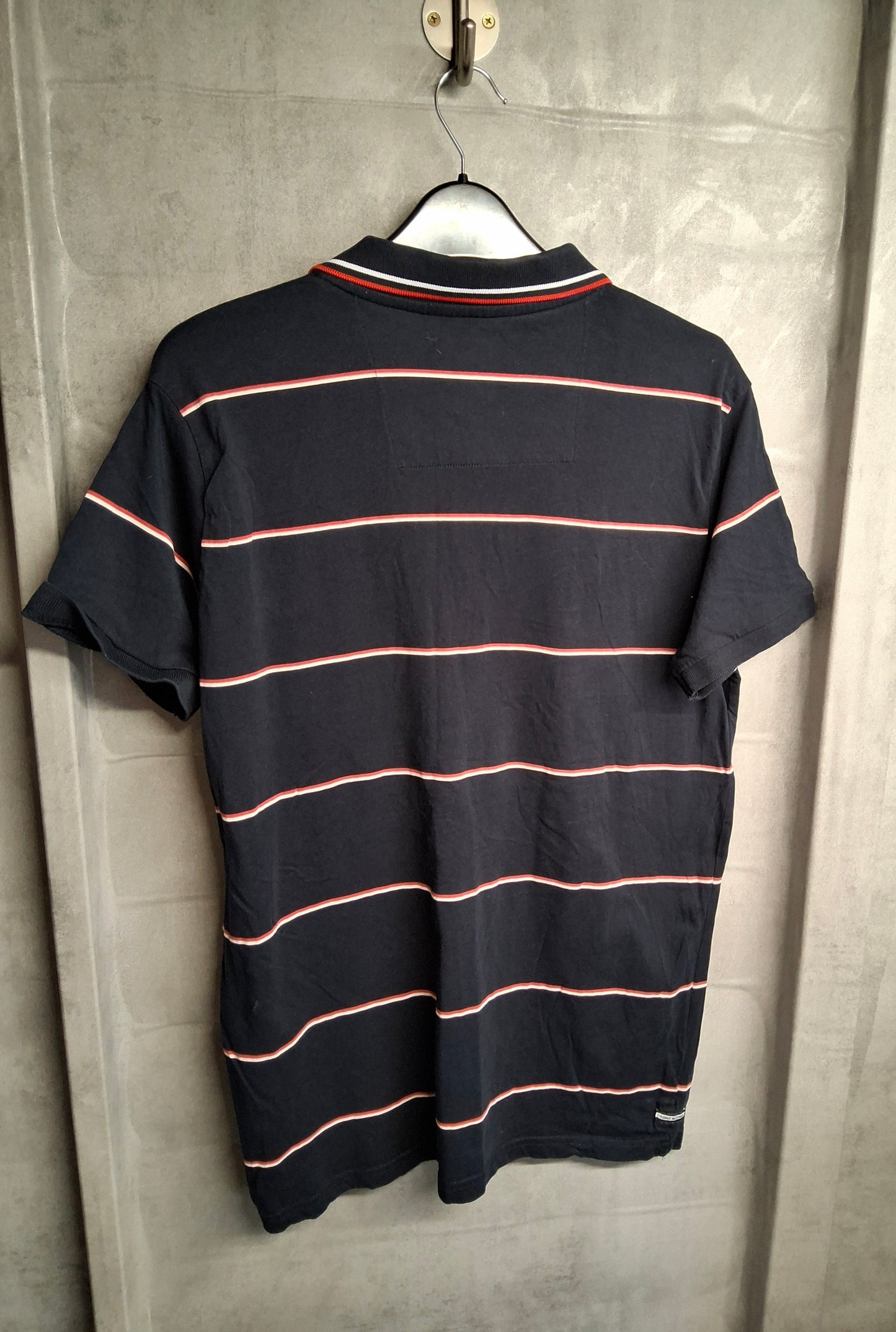 Weekend Offender Men’s Polo Shirt – Navy with Red & White Stripes – Size M – 100% Cotton