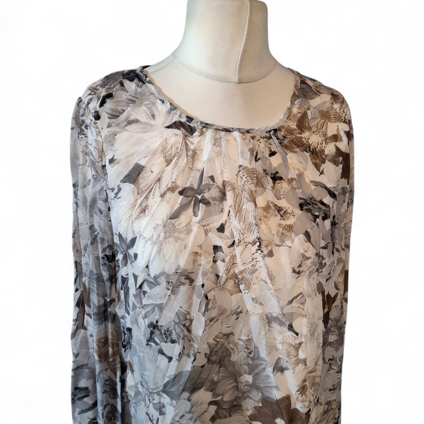 Wallis Grey & Brown Floral Blouse – Sheer Sleeves, Asymmetrical Hem, Size M (UK size 12/14)