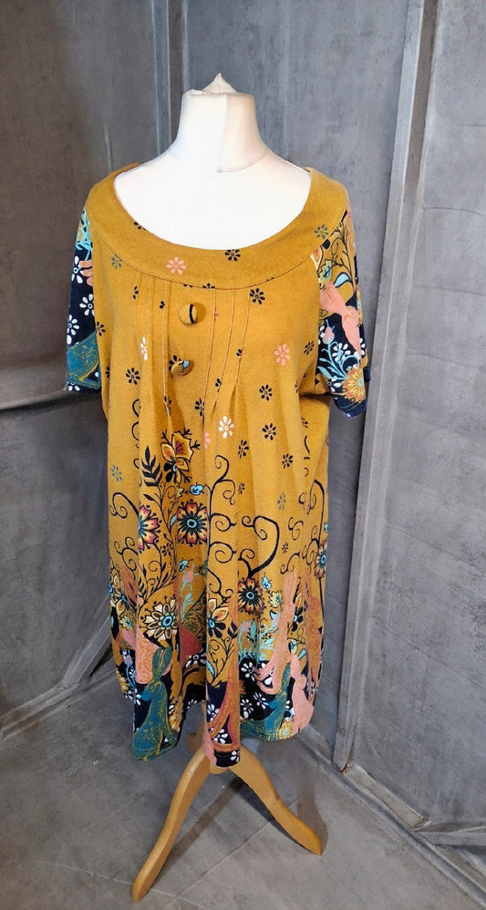 Joe Browns Mustard Yellow Printed Dress – UK 22 – Short Sleeve Knee Length