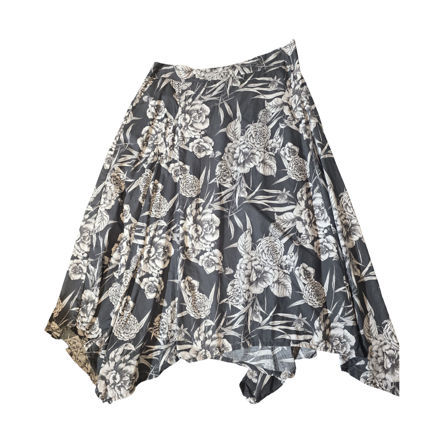 Thought Grey & White Floral Asymmetrical Midi Skirt – Size 18, 100% Lyocell, Elastic Back