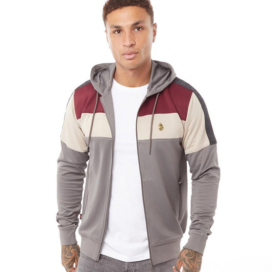 Luke Men’s Grey Beige & Burgundy Zip Up Hoodie – XL – Drawstring Hood & Zipped Pockets