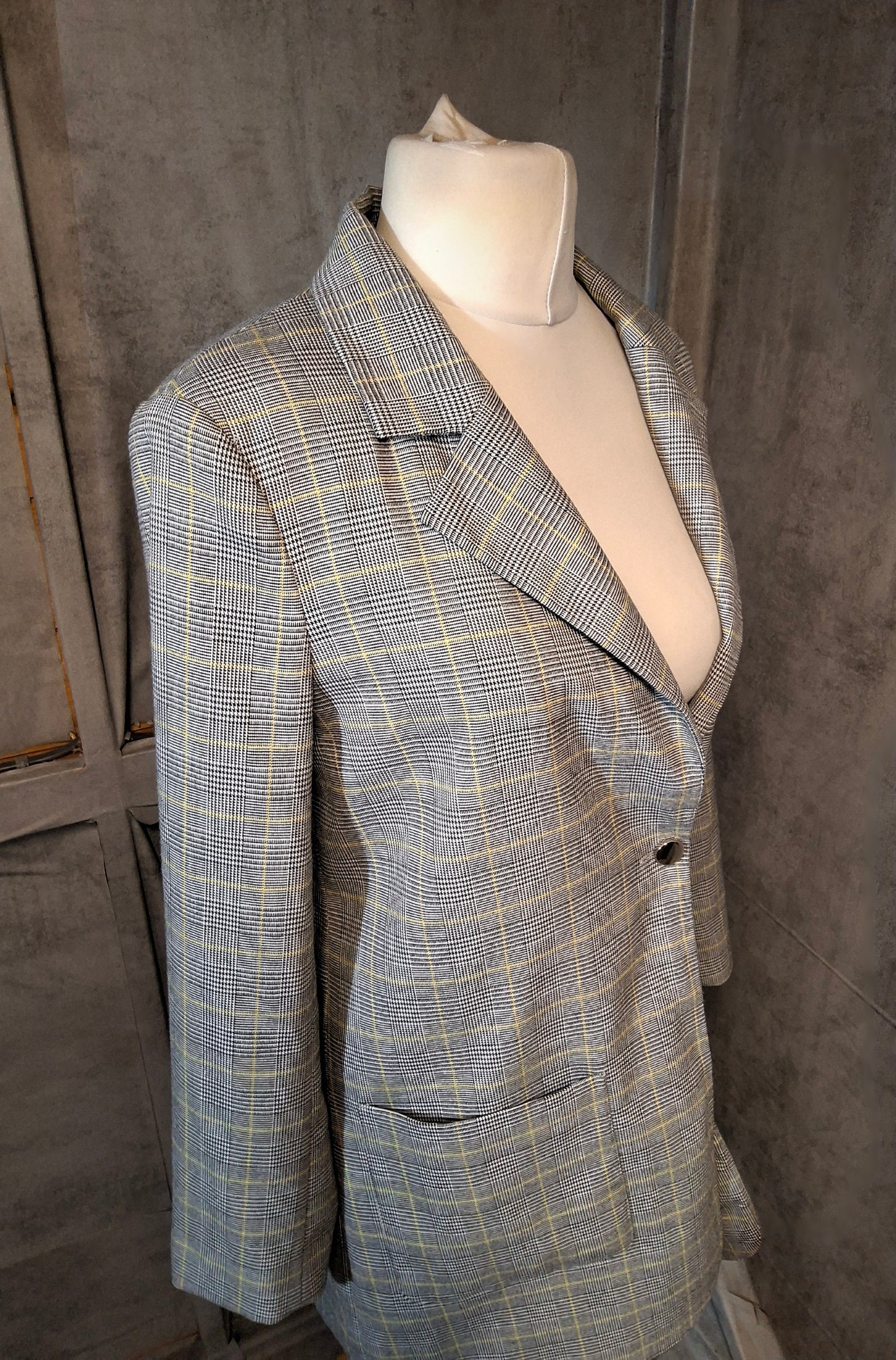 M&S Grey & Yellow Check Oversized Midi Blazer – Size 10