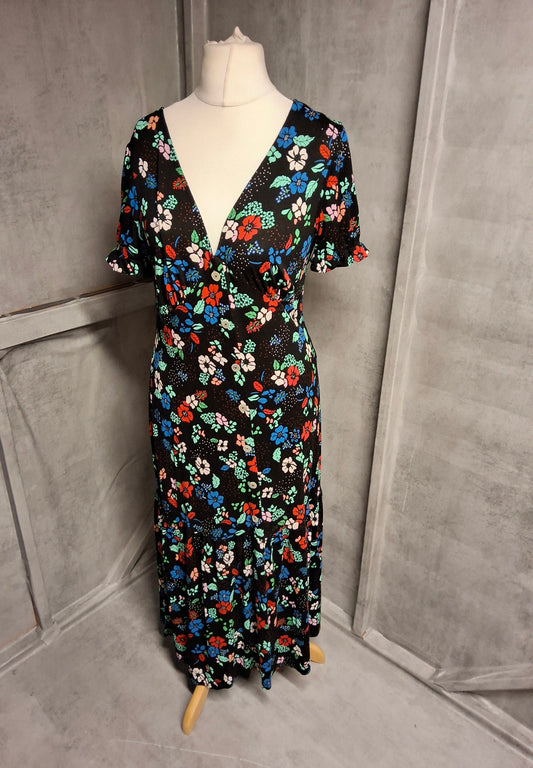Next Black Multicolour Floral Midi Dress – Size 12 – V-Neck – Button Front – Summer Style