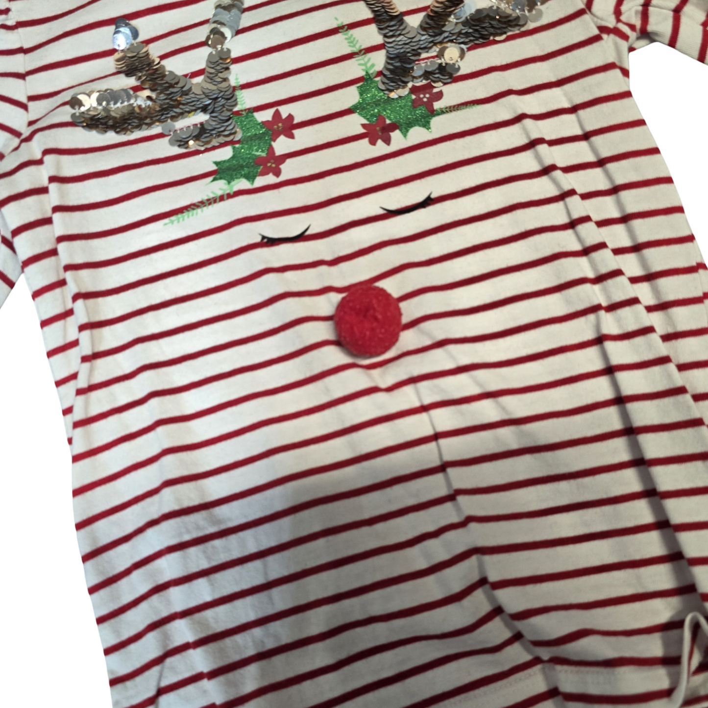 Next Red & White Stripe Xmas Top – Girls Age 6 – Reindeer Pom Pom Design