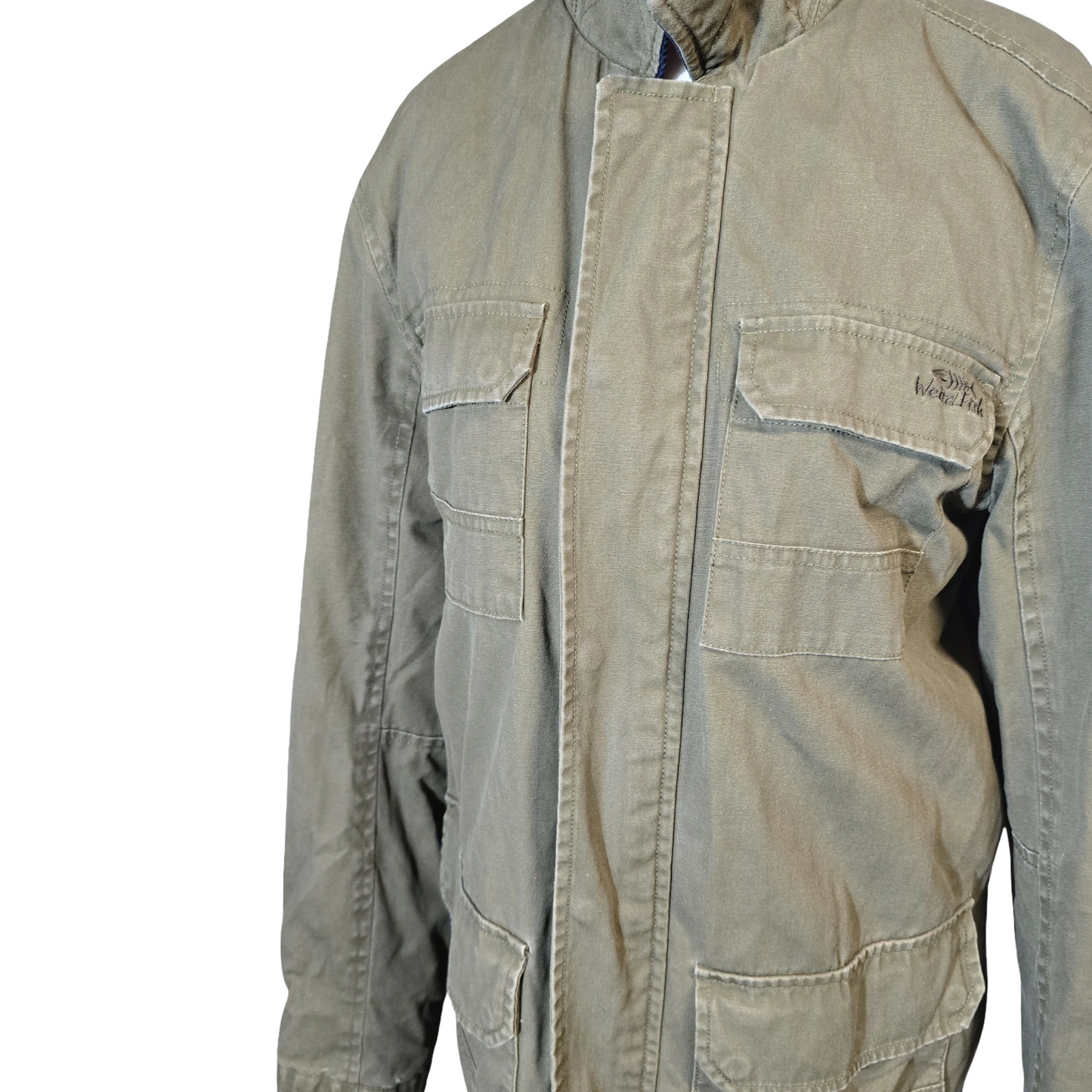Weird Fish Khaki Green Utility Jacket – Cord Collar & Multiple Pockets – Men’s Size S