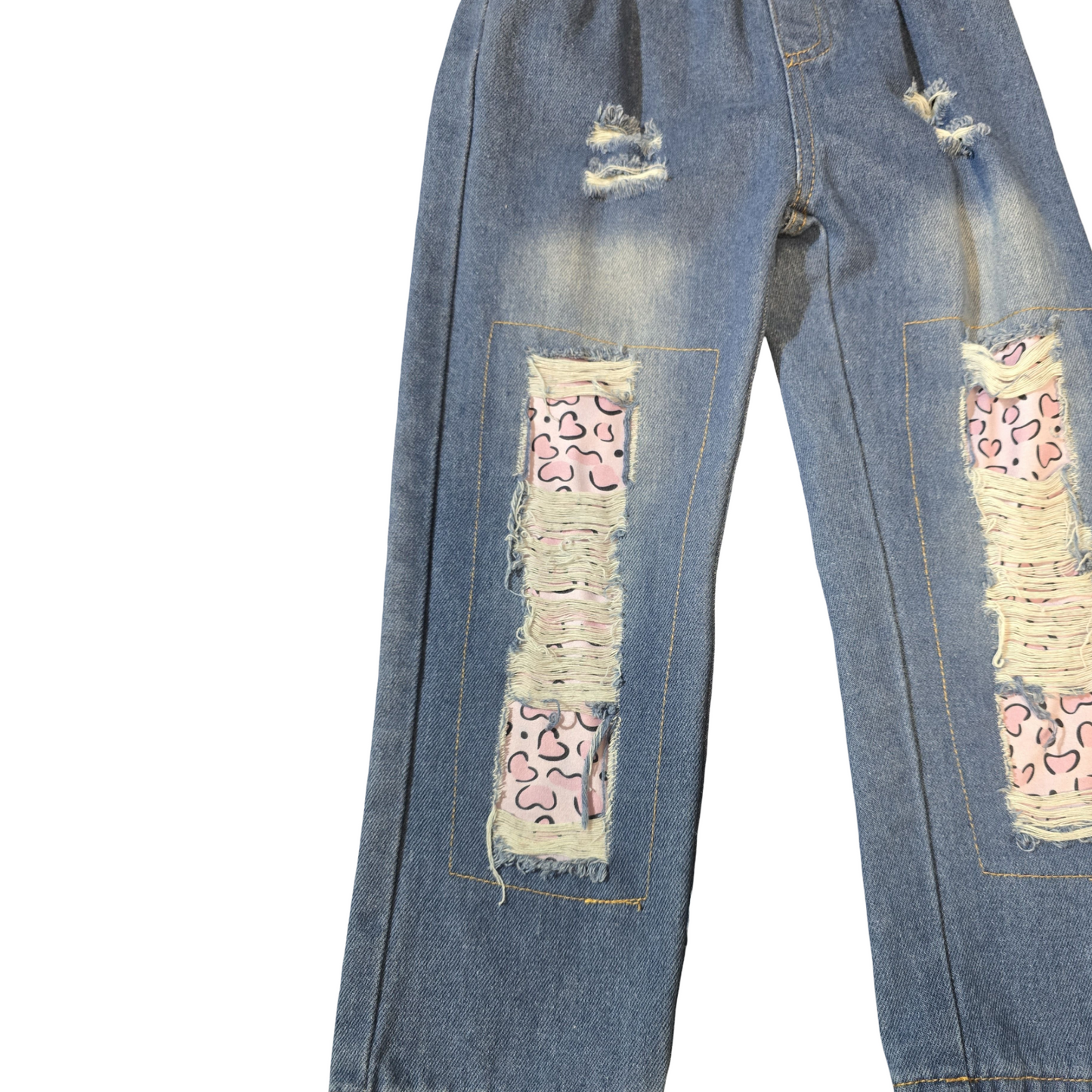 Pat Pat Blue Distressed Jeans – Girls 4–5 Years – Polyester – Leopard Patch Detail
