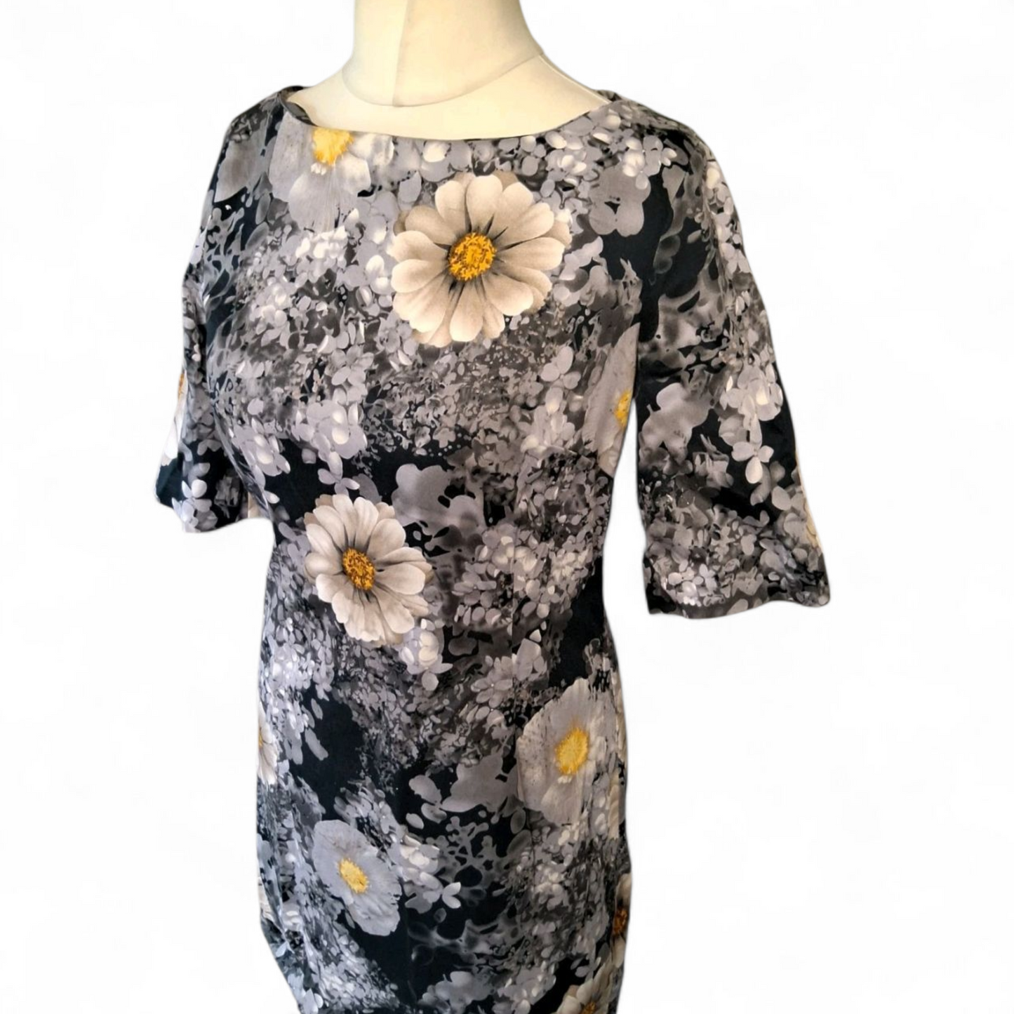 BCBGMAXAZRIA Navy, Grey & Yellow Floral Dress – Size M (UK size 10) – Zip Back
