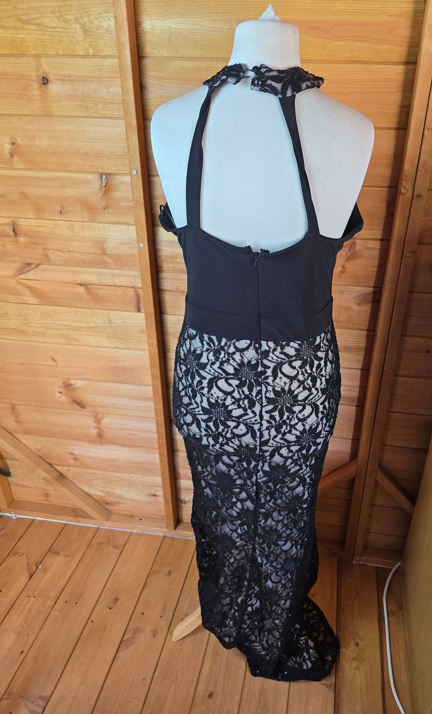 Jane Norman Black Lace Sequin Dress – Size 12, Sleeveless, High Neck, Long A-Line Formal Dress