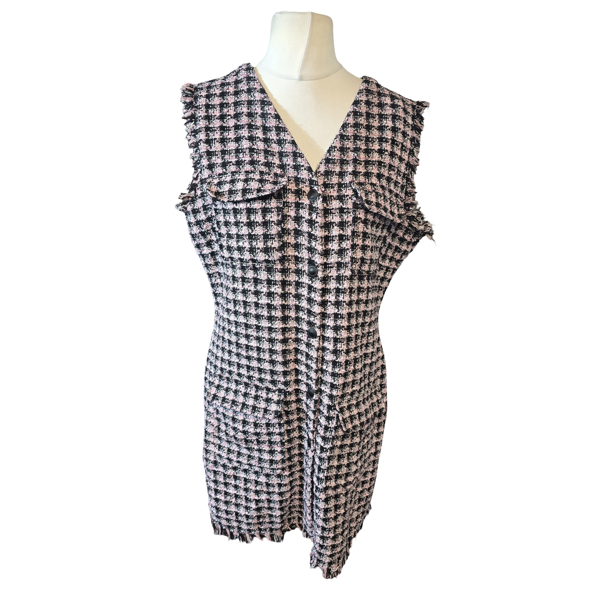 Primark Pink & Black Checked Sleeveless Shirt Dress – Size 14 – Tweed Style