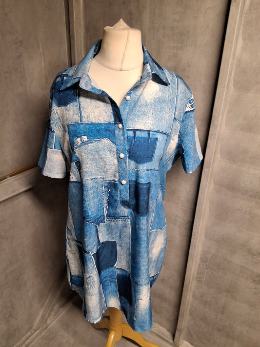Chic Me Blue Patchwork Print Shirt Dress – Size L (UK 12)
