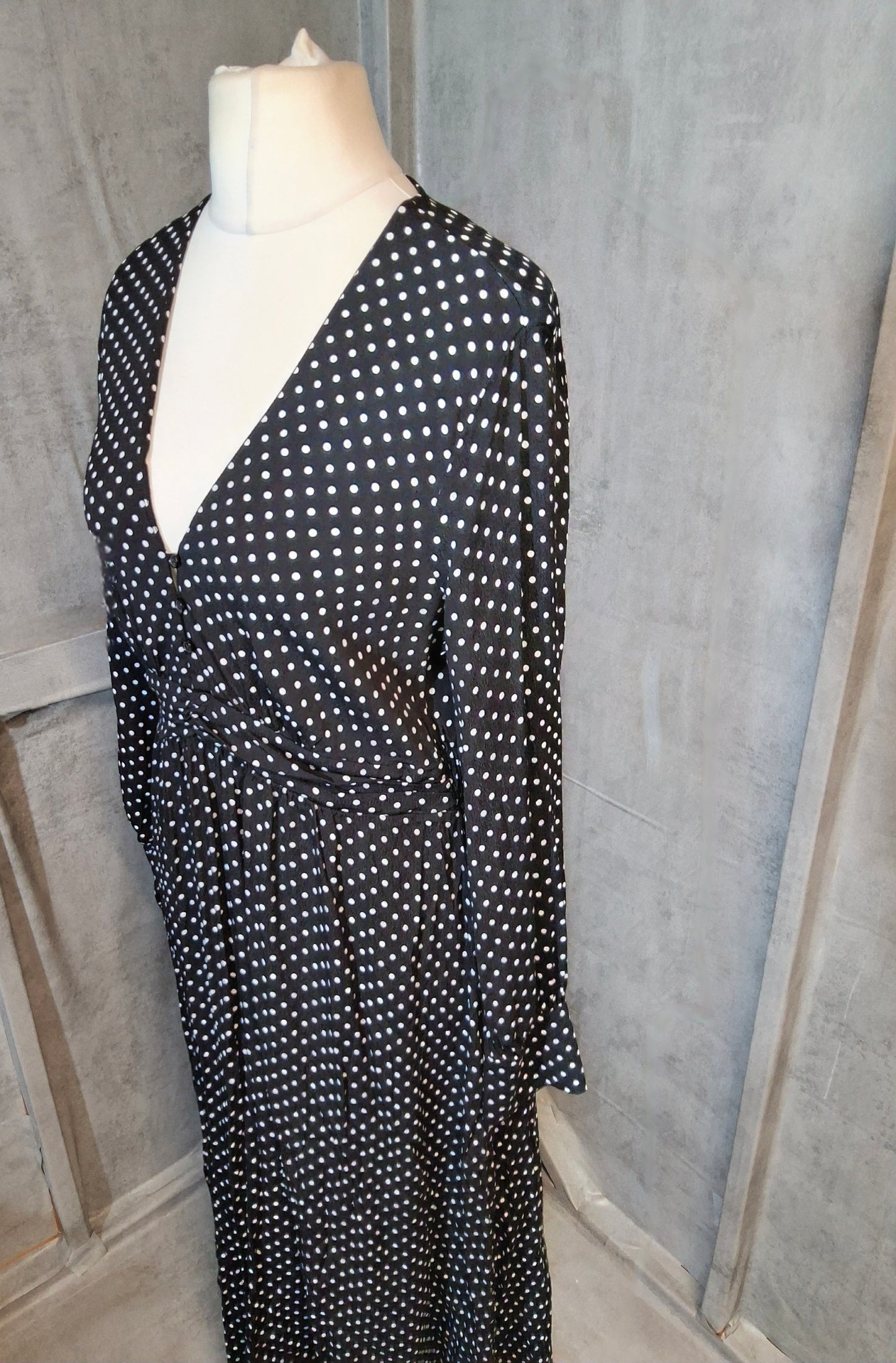 Mango Black & White Polka Dot Midi/Long Dress – V Neck – Size L (UK size 12)