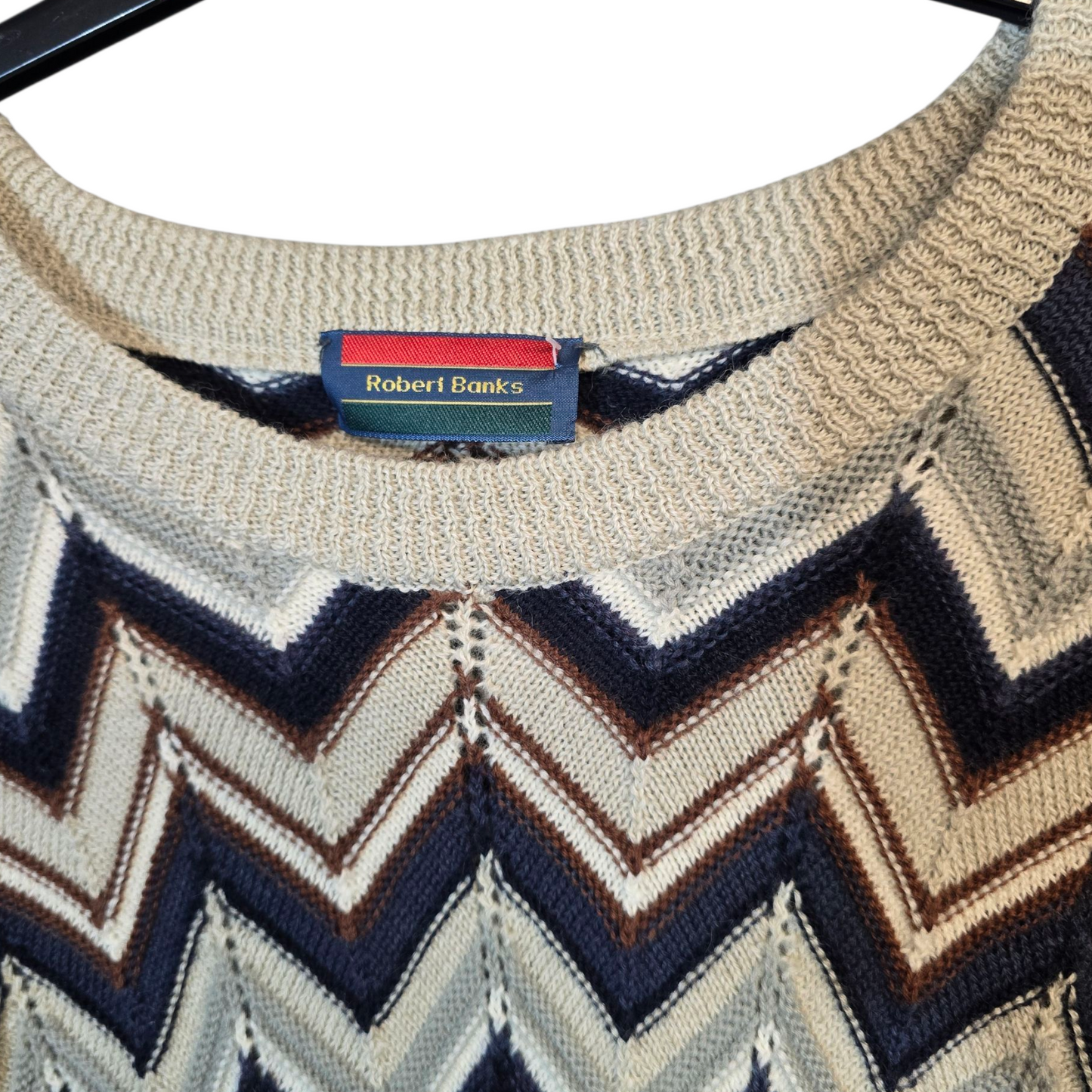 Men’s Vintage Robert Banks Chevron Knitted Jumper – Beige, Brown & Navy – Longer Length