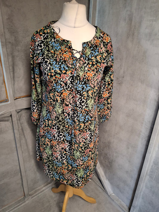 Matalan Multicoloured Floral Tunic Dress with Tie Neck – Size S (UK 8/10)
