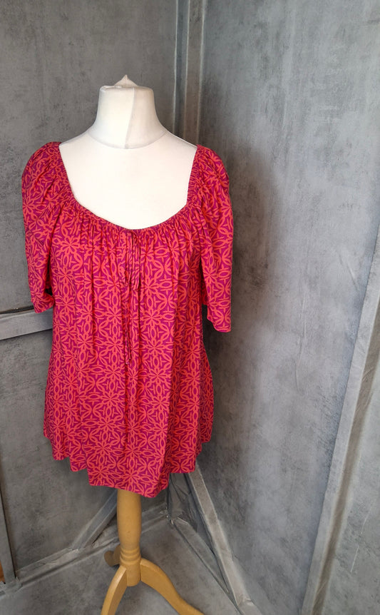 Matalan Bardot Top UK 16 Red Purple Geometric Print Floaty EcoVero Off-Shoulder NWT