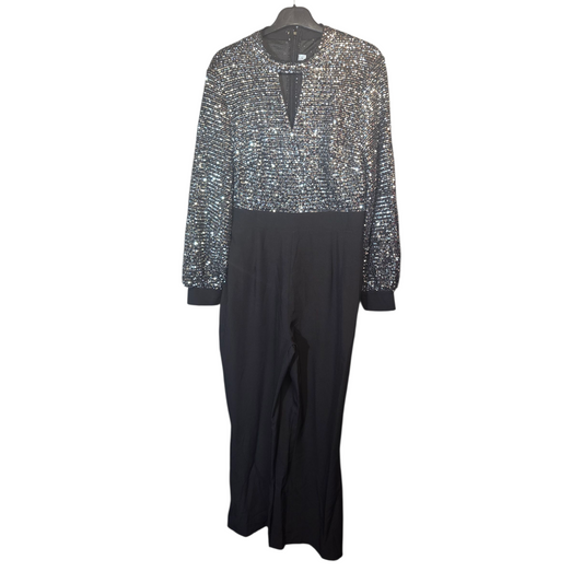 Silver Sequin & Black Long Sleeve Jumpsuit – Size M (size 10/12) – Choker Neck & Flared Leg