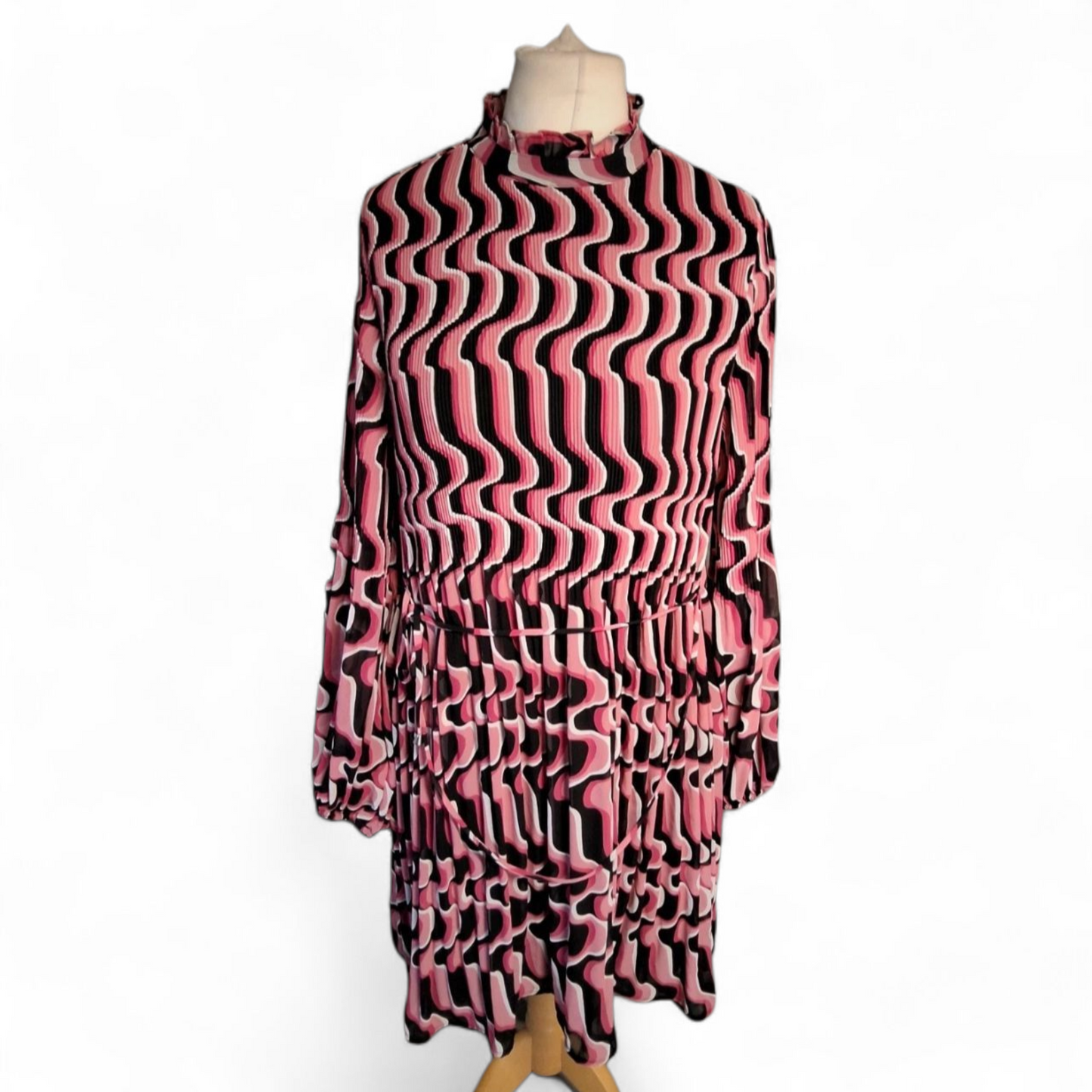 Et Vous Pink & Black Geometric Midi Dress – Size 12 – Sheer Sleeves