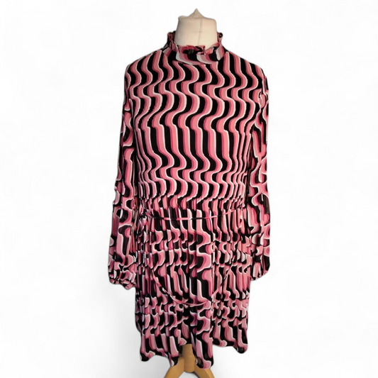 Et Vous Pink & Black Geometric Midi Dress – Size 12 – Sheer Sleeves