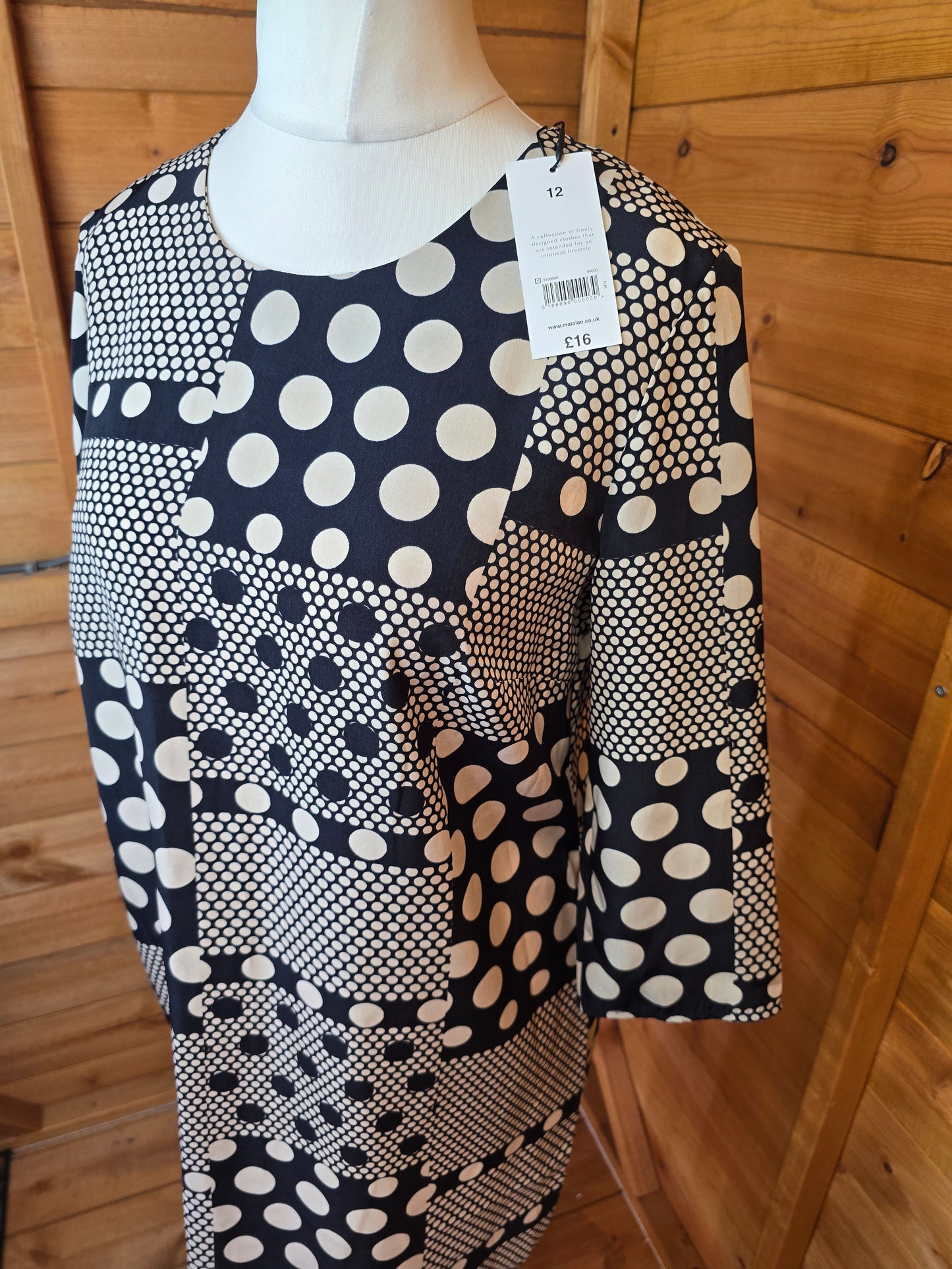 Matalan Navy & Cream Polka Dot Tunic Dress Size 12 – 3/4 Sleeves, New With Tags, RRP £16