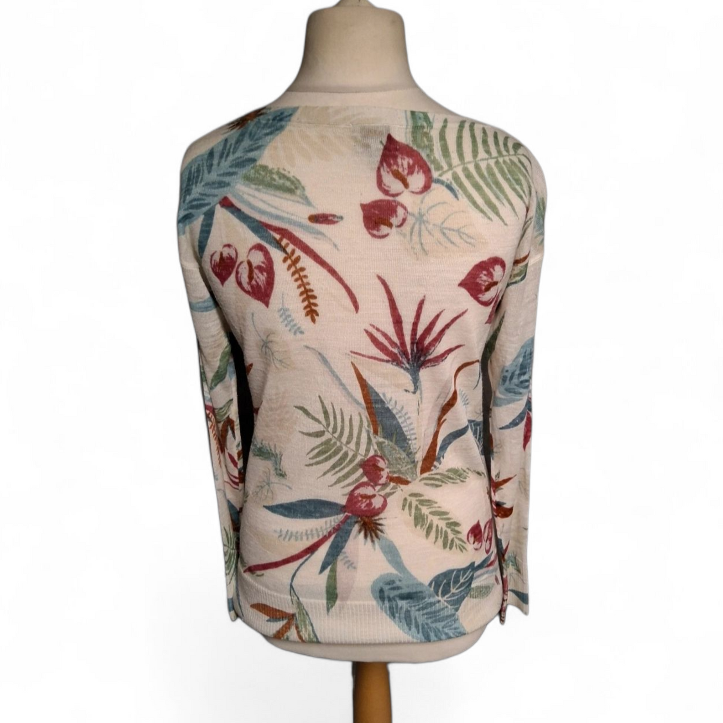 Monsoon Cream Linen Blend Tropical Floral Jumper – Size Small (UK size 8/10) – Longer Length