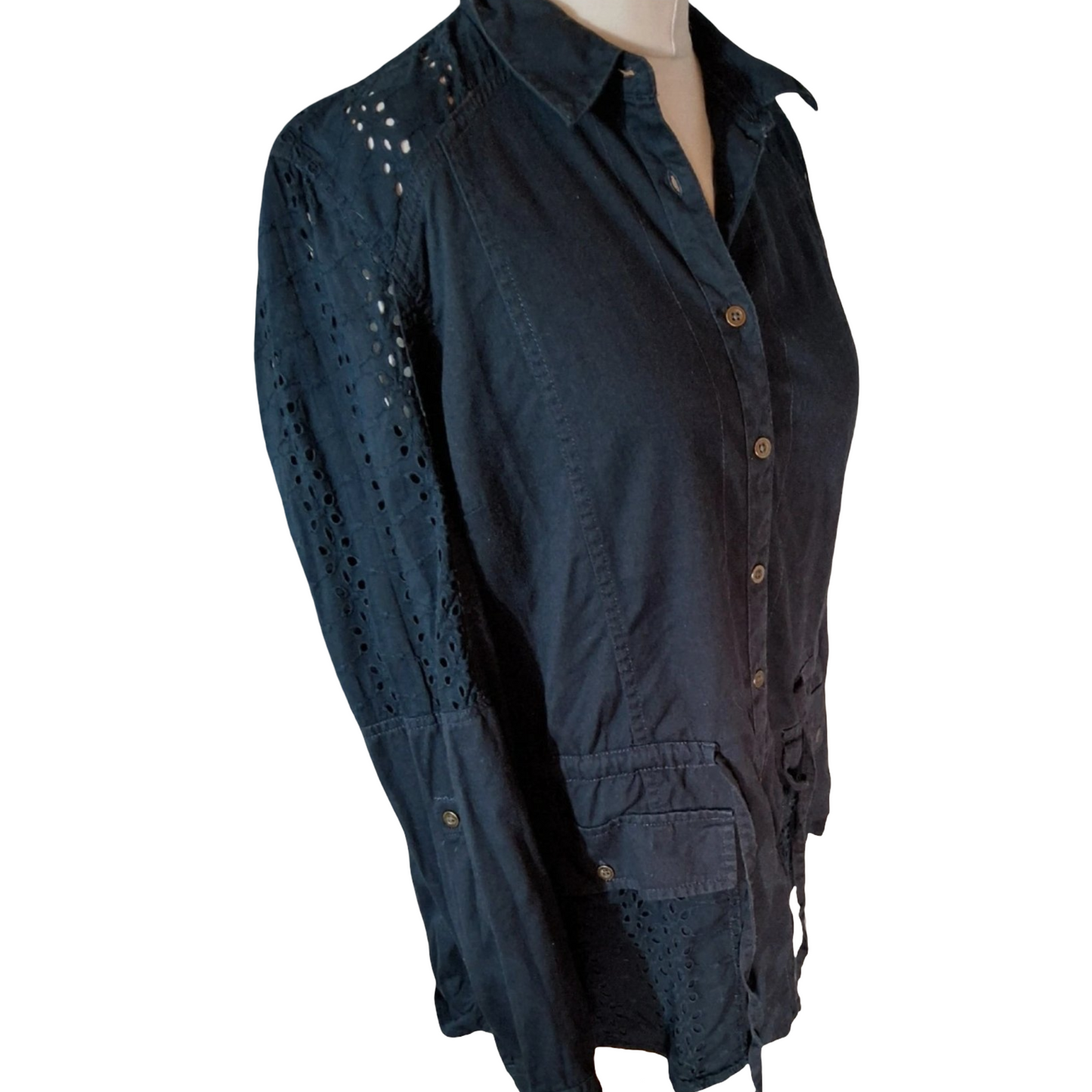 Tu Black Utility Shirt with Broderie Anglaise Cut-Out Sleeves – Size 14