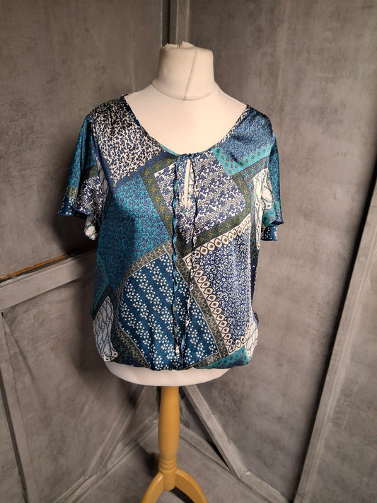 Wallis Blue Boho Patchwork Tie-Neck Top – Floaty & Flattering – Size L (UK 14/16)