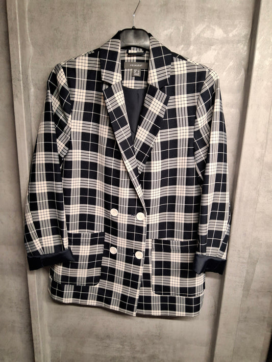Primark Navy & White Checked Double-Breasted Blazer – Size 8