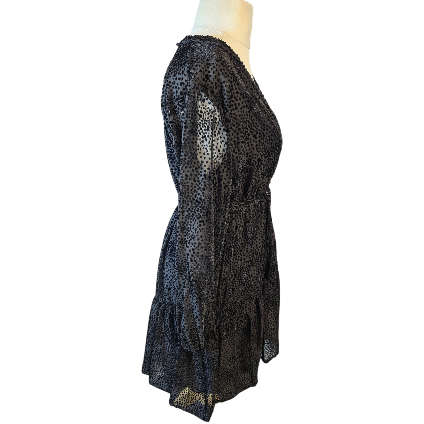 FatFace Copper & Black Velvet Polka Dot Dress – Size 12 – Sheer Sleeves, Tie Waist