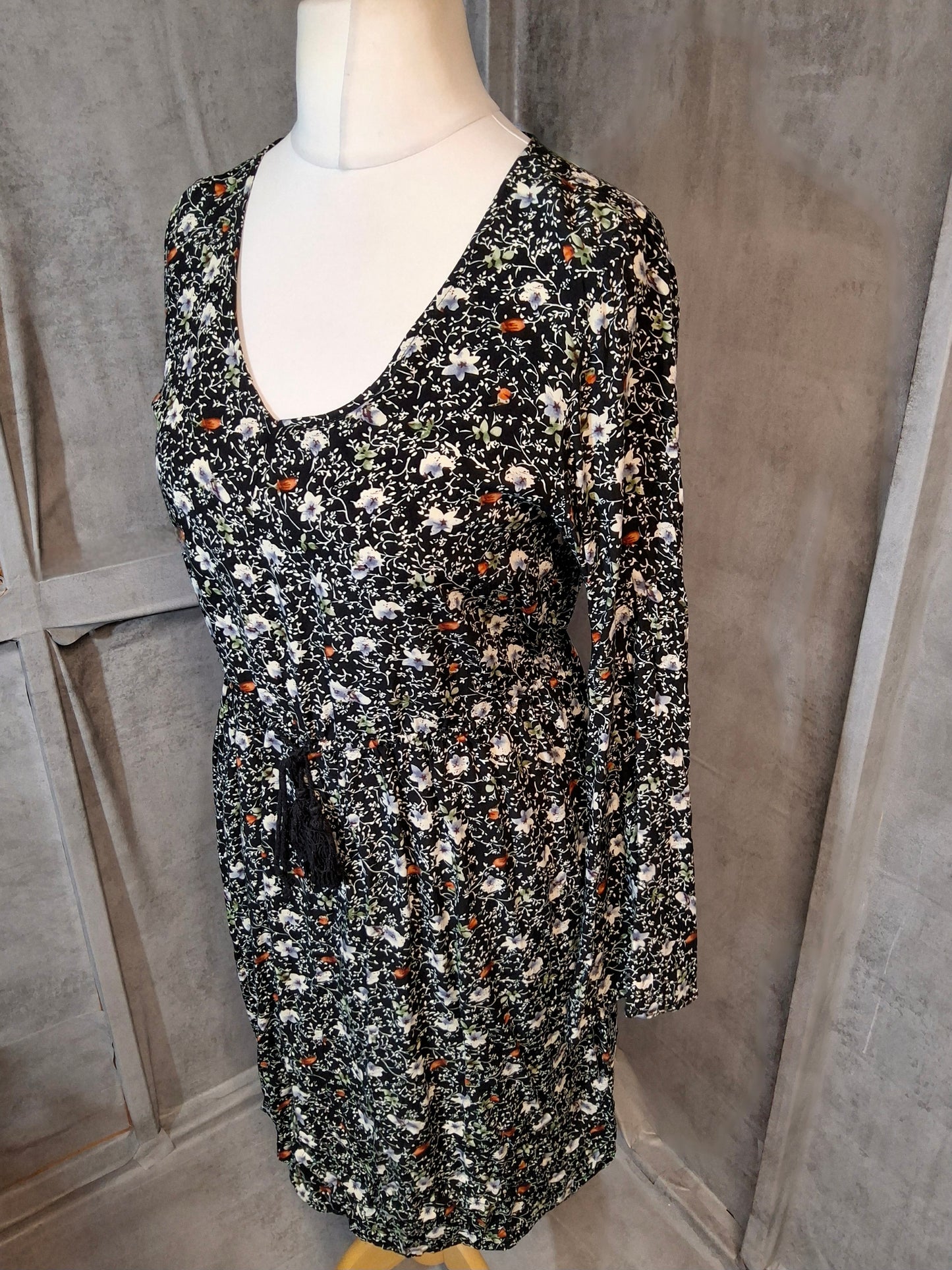 Brave Soul Black Floral Dress – Long Sleeve with Flared Cuffs – Size 10