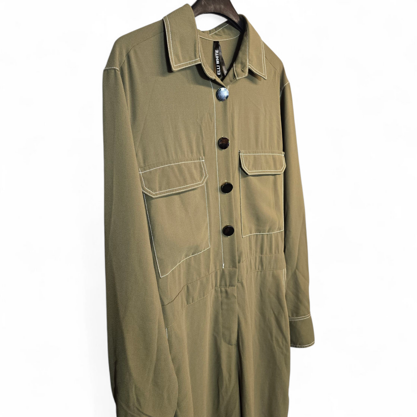 Elli White Khaki Green Utility Jumpsuit – Size L (UK size 12) – Flared Leg & Chest Pockets