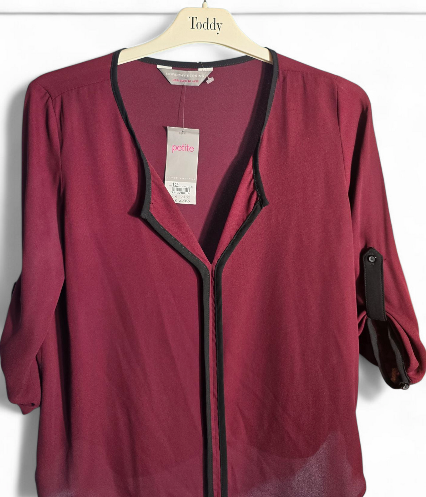 Dorothy Perkins Petite Red & Black Blouse – Size 12, 3/4 Sleeves, V-Neck, Sheer, BNWT
