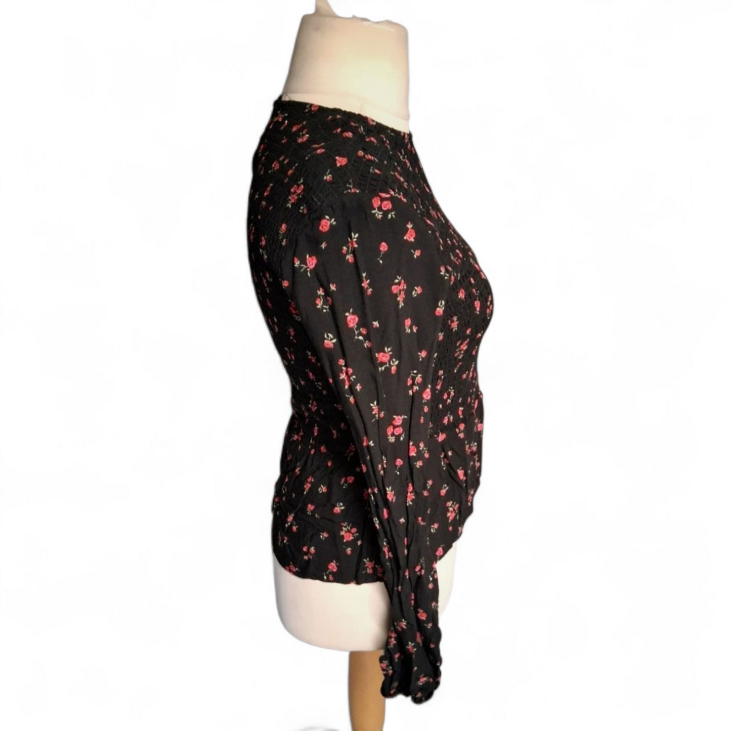 H&M Black & Red Floral Long Sleeve Top – Size UK 14 (Fits size 12/14)